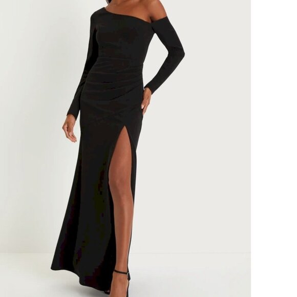 Lulus Elegant Sensation Black Asymmetrical Pleated Maxi Dress Size Medium NWT - Picture 4 of 7